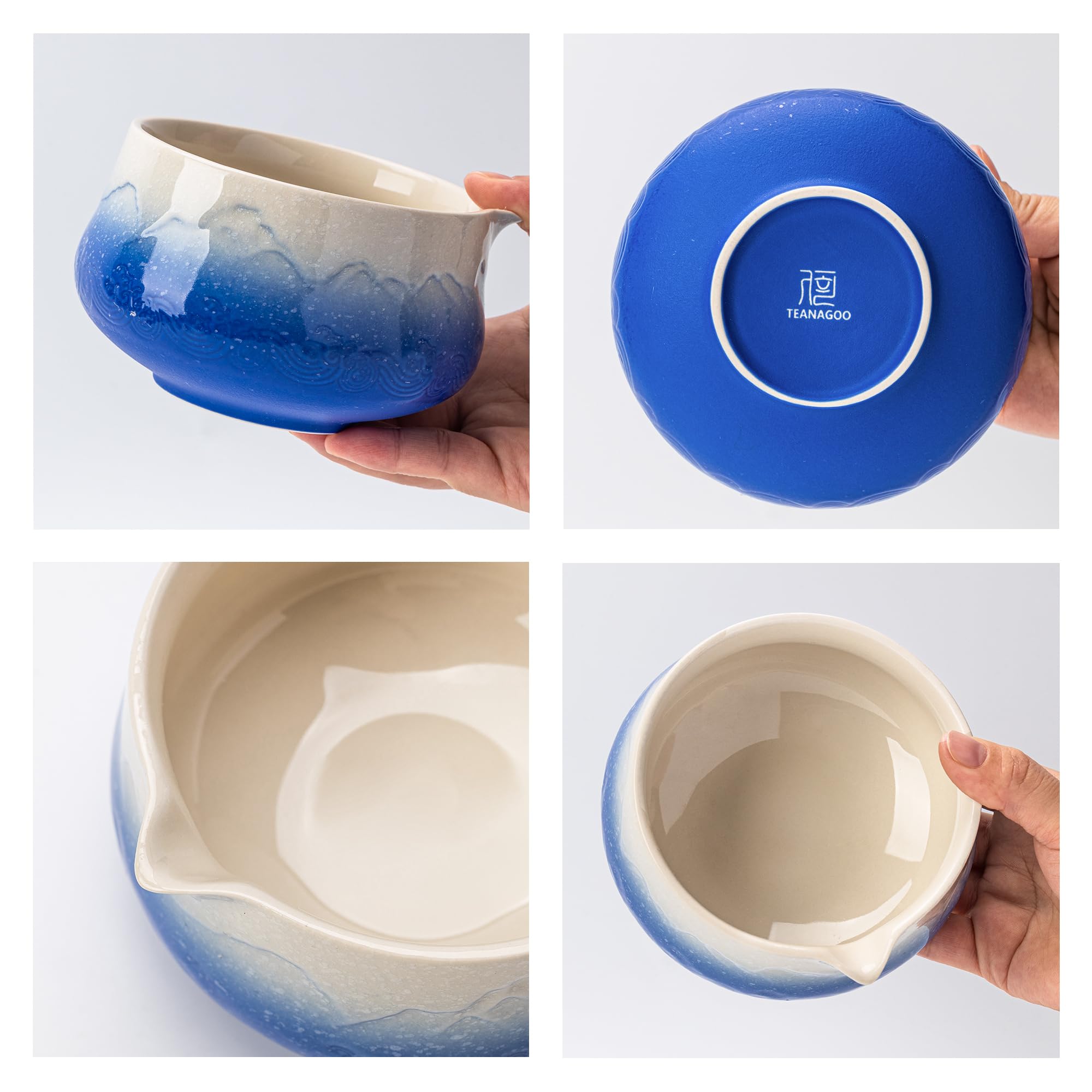 TEANAGOO MATCHA KIT, set blu per matcha, kit da cerimonia in polvere, set da tè matcha per fare latte, set di fruste e ciotola con paletta e setaccio, ciotola in ceramica design Fuji