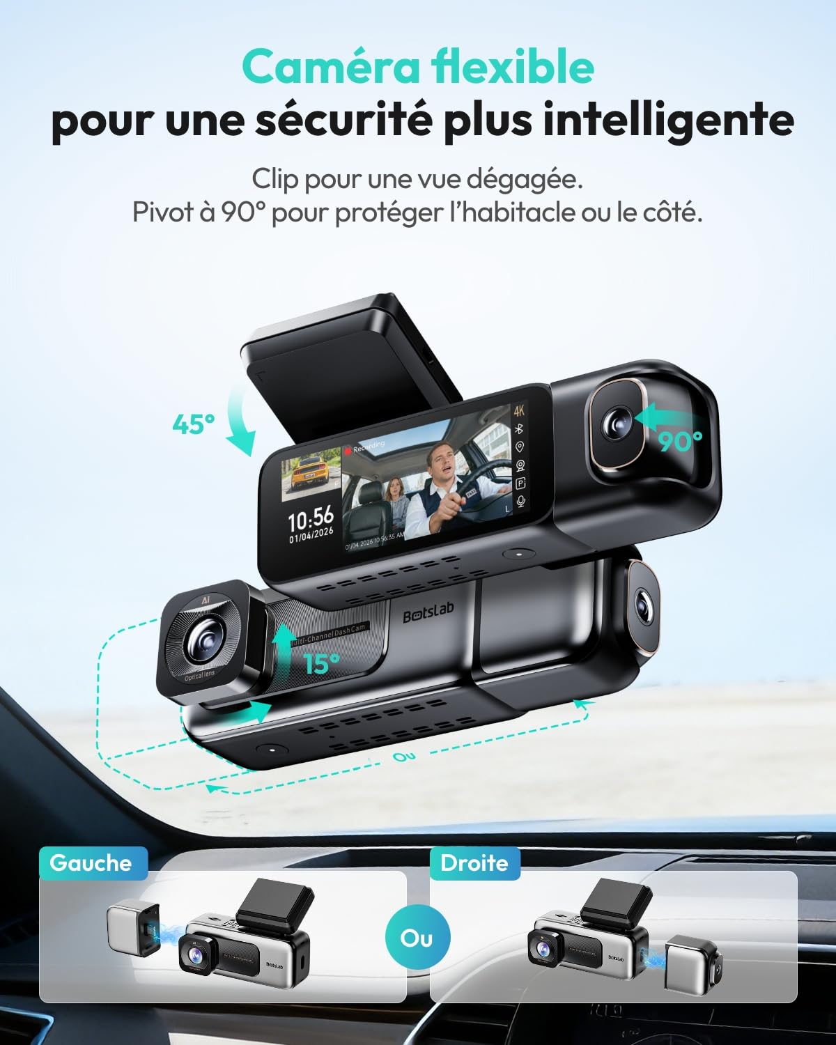 BOTSLAB Dashcam Voiture Avant Intérieur, Caméra Voiture 4K+1080P avec Écran Tactile IPS 3,18", Super Vision Nocturne, Commande Vocale, Wi-Fi 5,8 GHz, GPS, Surveillance de Stationnement 24/7, Capteur G