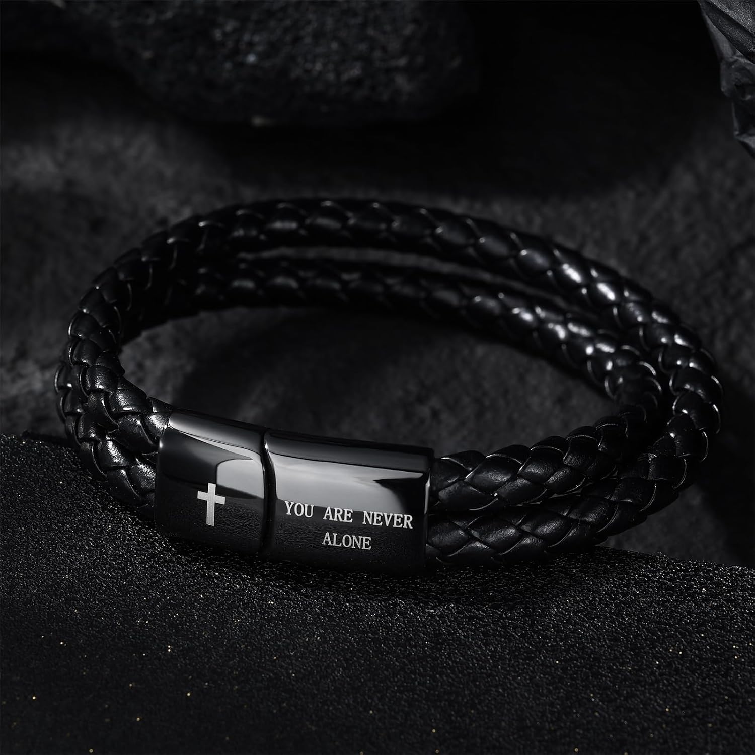 Leather Cross Bracelet for Men Christian Bible Verse Black Stainless Steel Bracelet, Inspirational Birthday Christian Valentine Gifts Ideas for Soulmate Boyfriend Man Dad Husband Grandson Son - Image 2