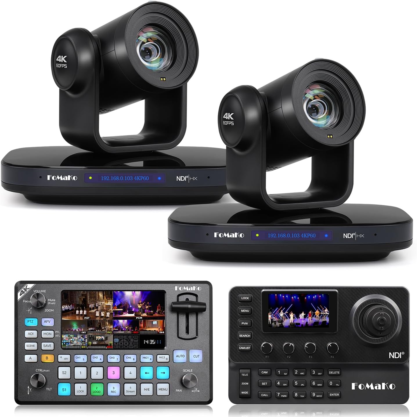 FoMaKo 12G-SDI 4K 60FPS NDI,20X Optical Zoom PTZ Camera, 4KP60 AI Auto-Tracking Gen 3, for Church,Baseball Competition Live Broadcasting(K820SX2+KC602+KC606N)