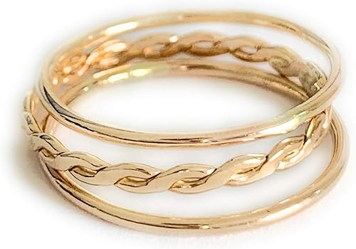 Anillo de dedo del pie 3 anillos apilables (2) bandas delgadas y (1) trenza en oro de 14 quilates apilamiento de anillo de dedo ajustable