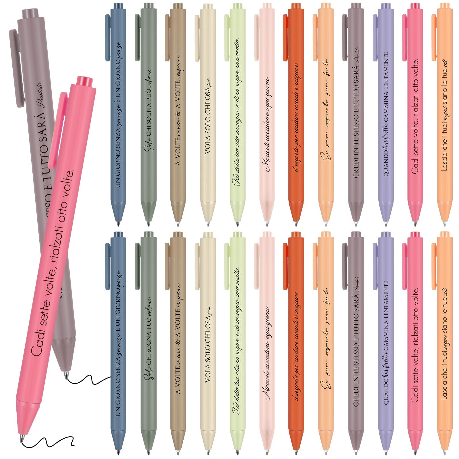 Set di 24 Penne a Sfera a Scatto con Citazioni Motivazionali in Italiano - Inchiostro Nero, Colori Assortiti, Idea Regalo