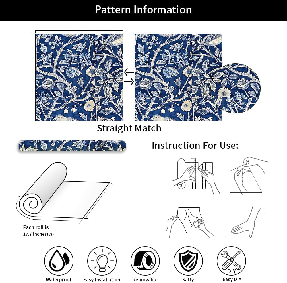 18"x236" Vintage Indigo White Botanical Bird Peel and Stick Wallpaper Easy Peel Off Contact Paper Vintage Vinyl Self Adhesive Removable Stick on Wall Paper for Kitchen Cabinet Renter Friendly