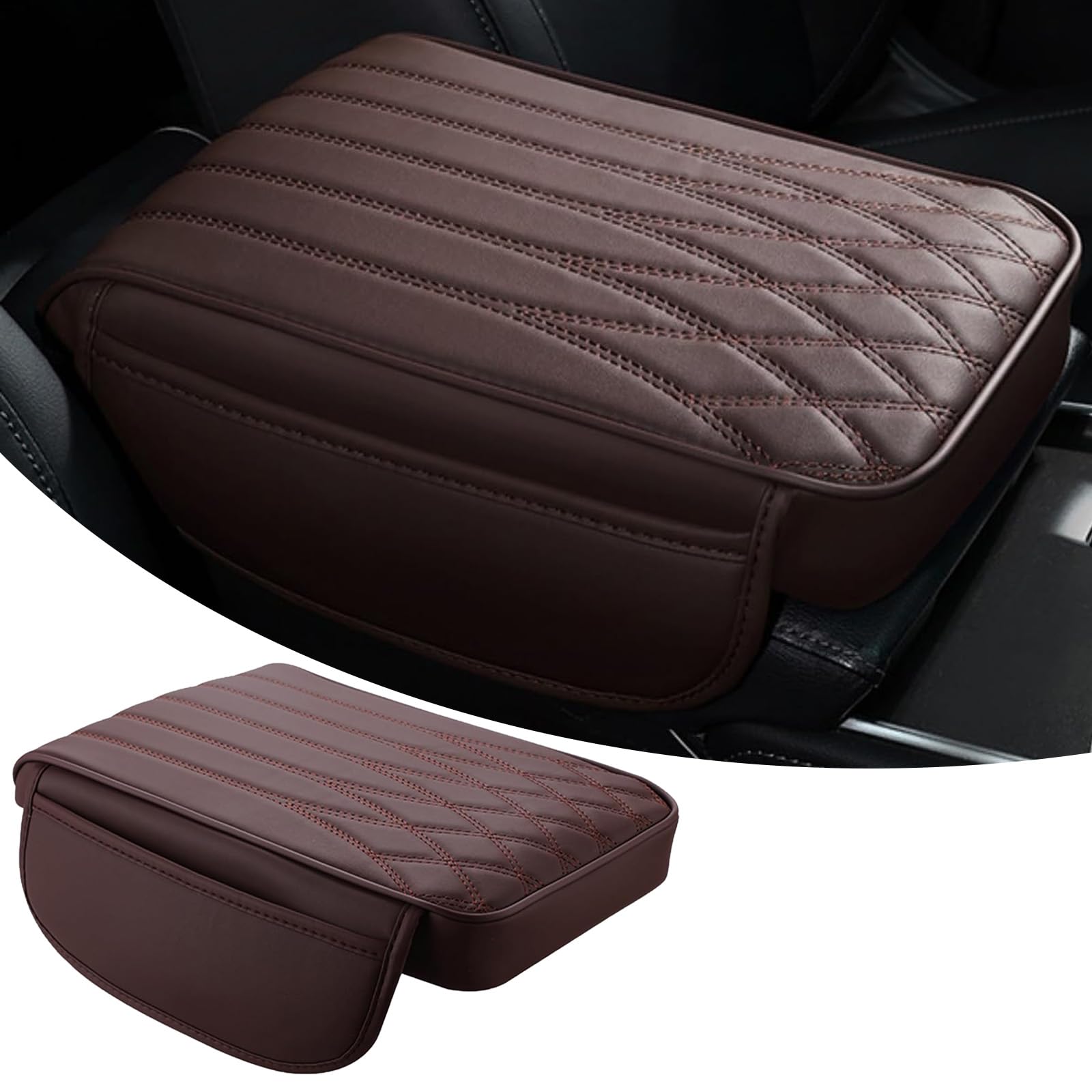 gunhunt 1 PC Car Armrest Cover, Leather Center Console Protector, 12.59" x 8.46" x 1.77" Armrest Pad, Armrest Pad with Pocket, Automotive Decoration,for Most Cars, Trucks, SUVs (Coffee)