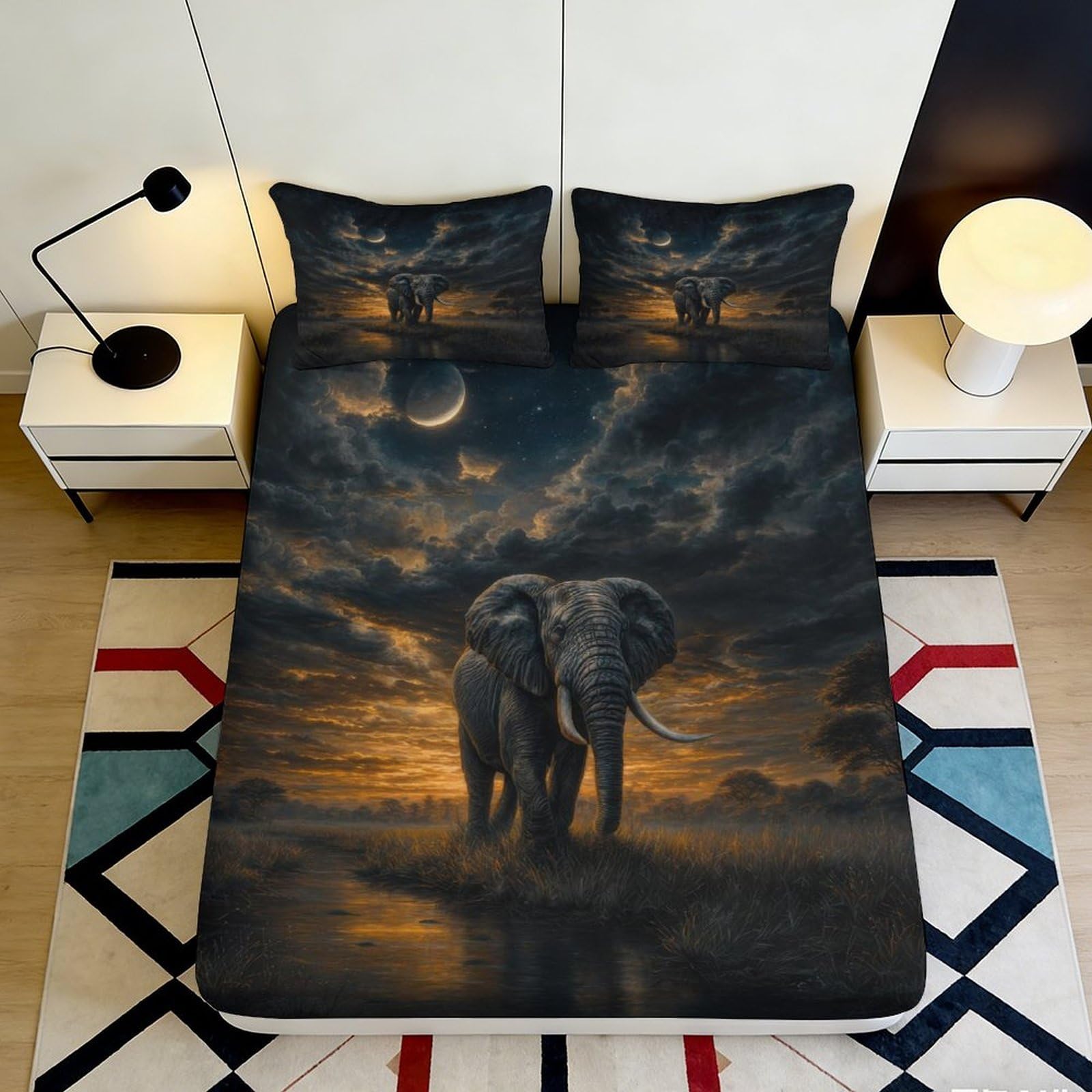 Jqzkxnhpbr Style-5 3D Printed Moonlit Elephant Fitted Sheet Microfiber Soft Non-Slip Bed Cover For Bedroom Guest Room Decor 90X200x25cm