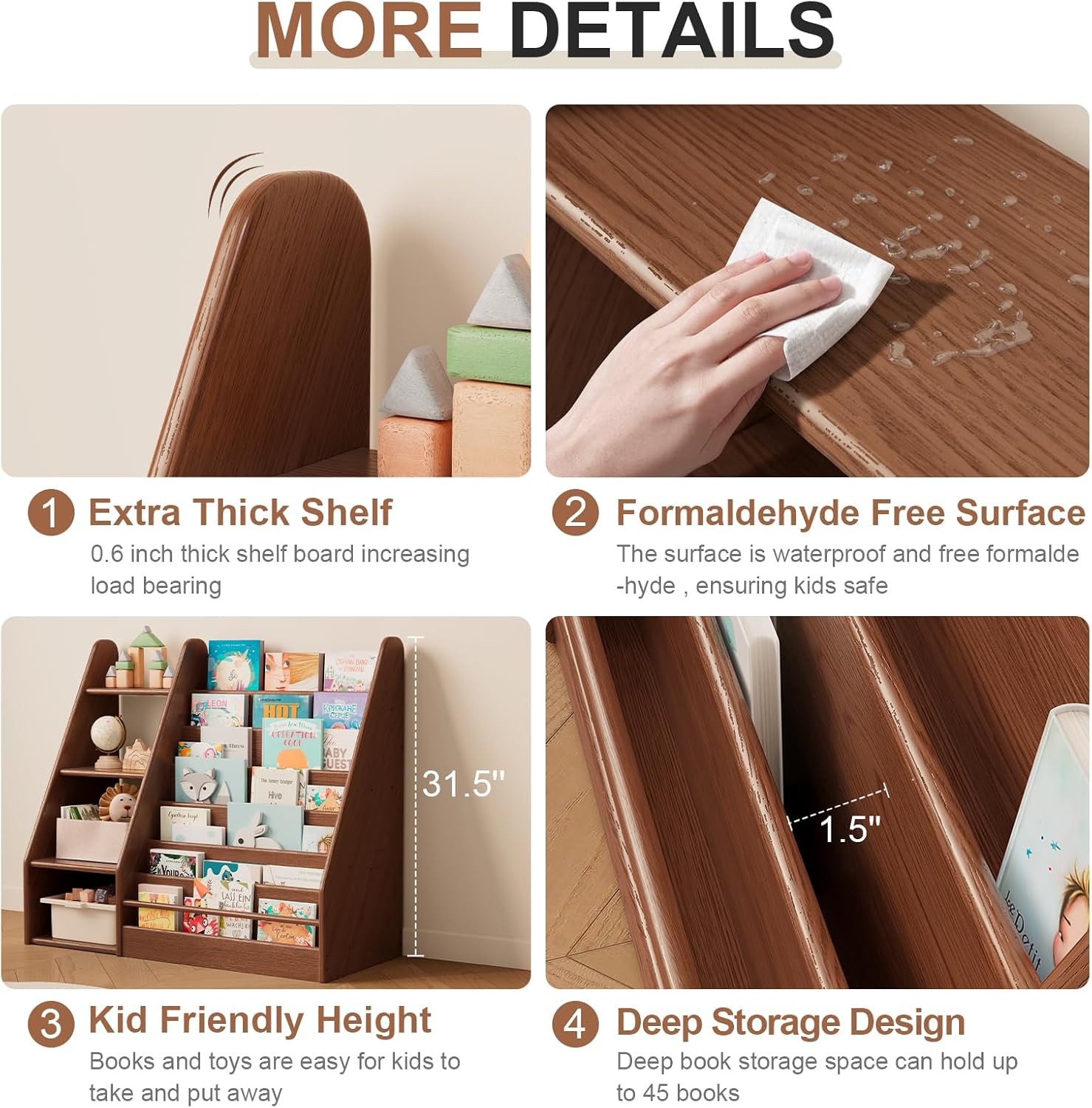 Solid Wood Kids Bookshelf and Storage Organizer, 7 Layer Children Bookcase, Baby Toddler Wooden Book Shelf, Display Cabinet for Playroom, Bedroom, Classroom, Nursery, School, Walnut - Image 8