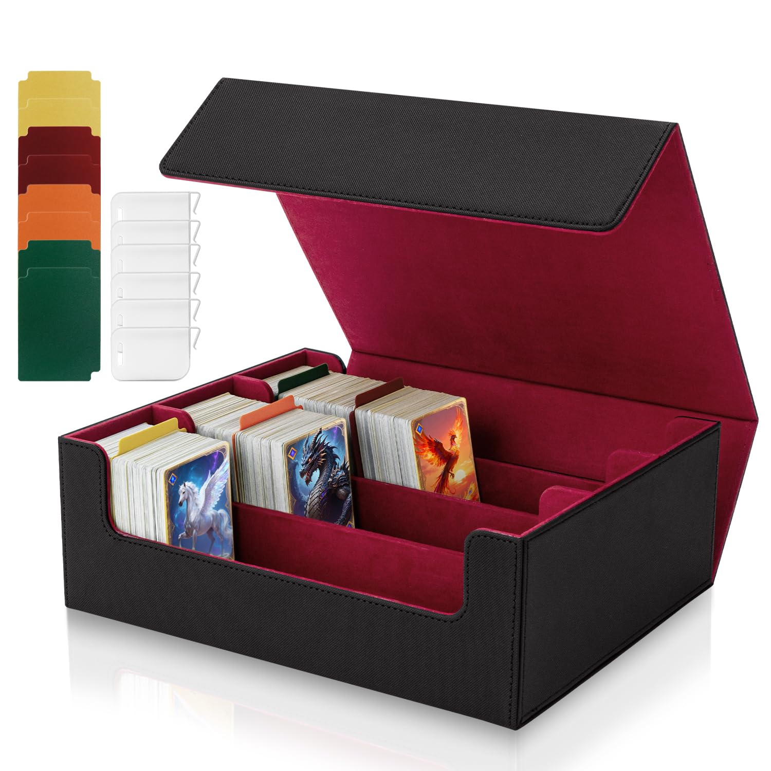 Tolesum Box Porta Mazzo per Carte MTG Capacità di 1800+ Carte con 8 Divisori, Magnetic Flip Deck Box per le Carte di Magic Commander TCG- [Nero e Rosso]
