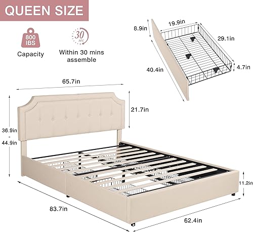 Miniatura 66 de VECELO Base de cama de tamaño matrimonial con cabecera ajustable copetuda, base de colchón, soporte de listones de madera, fácil montaje, color gris