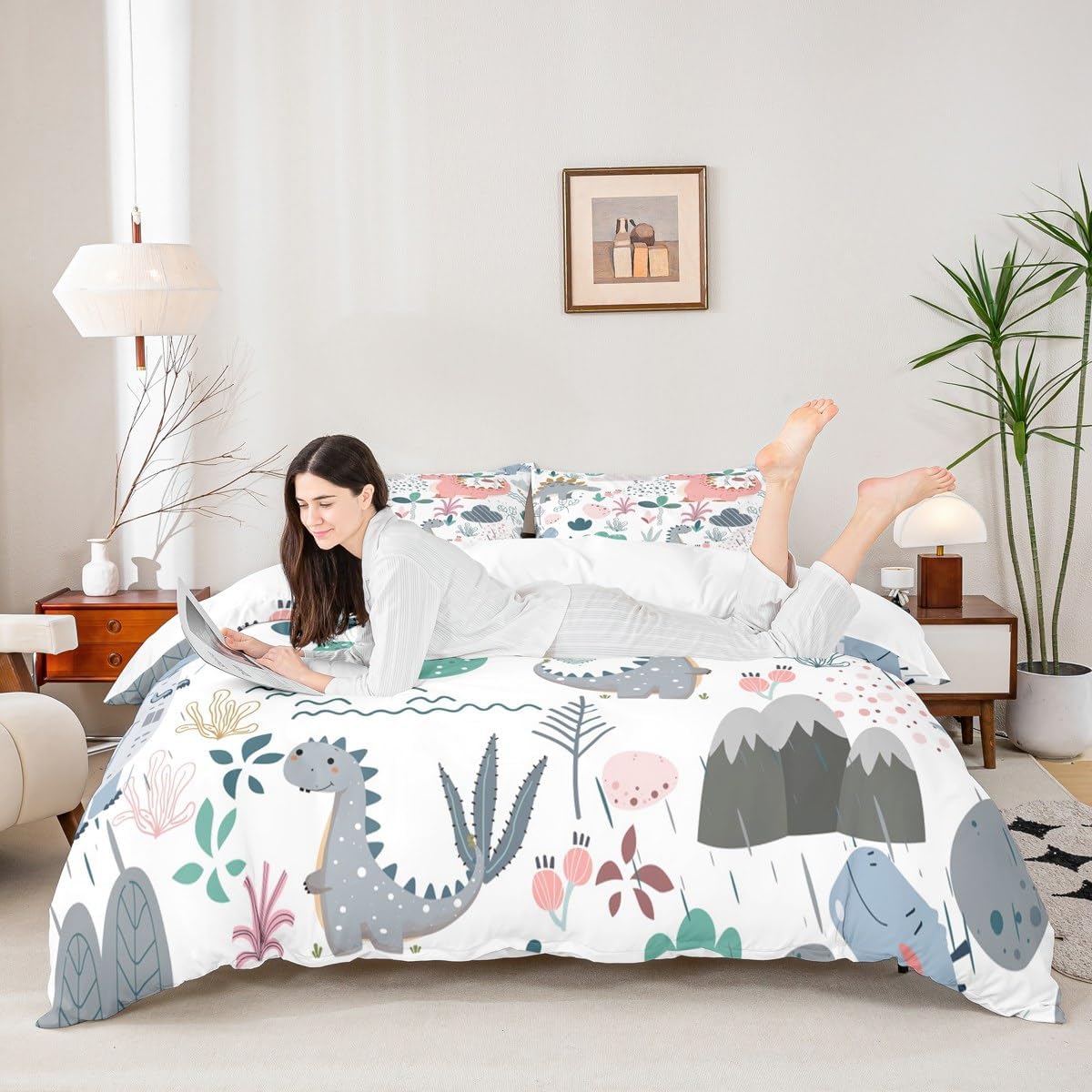 Feelyou Dino Bedding Set Full, Cartoon Dinosaur Duvet Cover Jungle Animal Comforter Cover Kids Toddler Pink Gray Dinosaur Bedspread Cover with 2 Pillow Case (No Comforter)