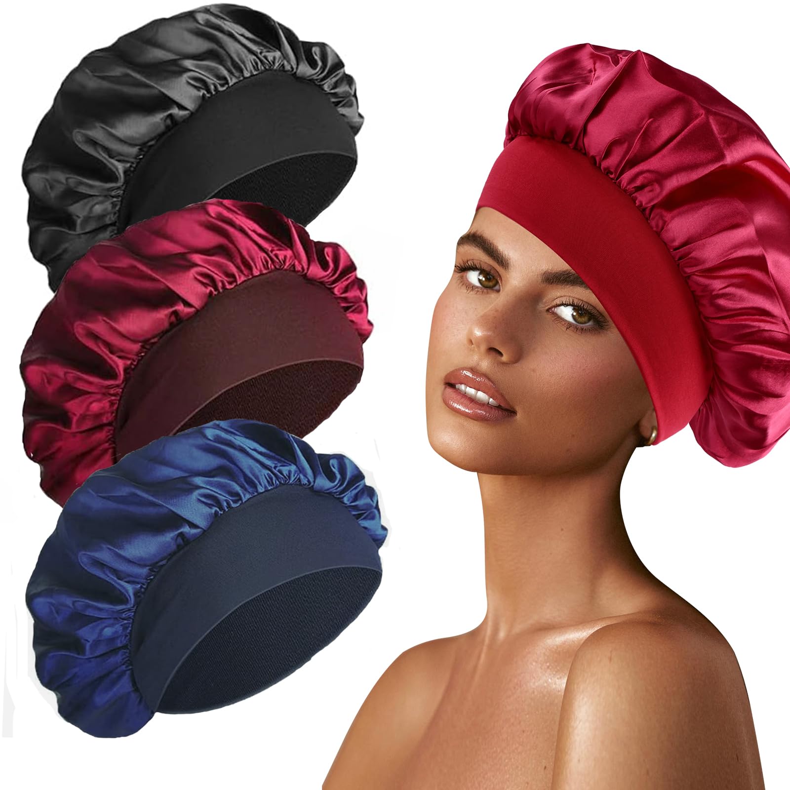 3 Stück Seidenhaube zum Schlafen, Schlafhaube Seide Silk Bonnet Satin Bonnet Sleep Cap Schlafhaube Haare Schützen Lockenhaube zum Schlafen Bonnet Seide Satin Haarhaube für Die Nacht