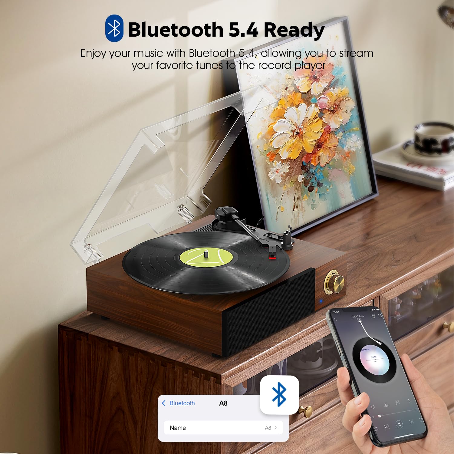 FYDEE Giradischi, con Supporto per Ingresso Bluetooth, Selezione a 3 Velocità (33/45/78 giri), Altoparlanti Stereo Integrati, Uscita RCA e Copertura Antipolvere - Teak
