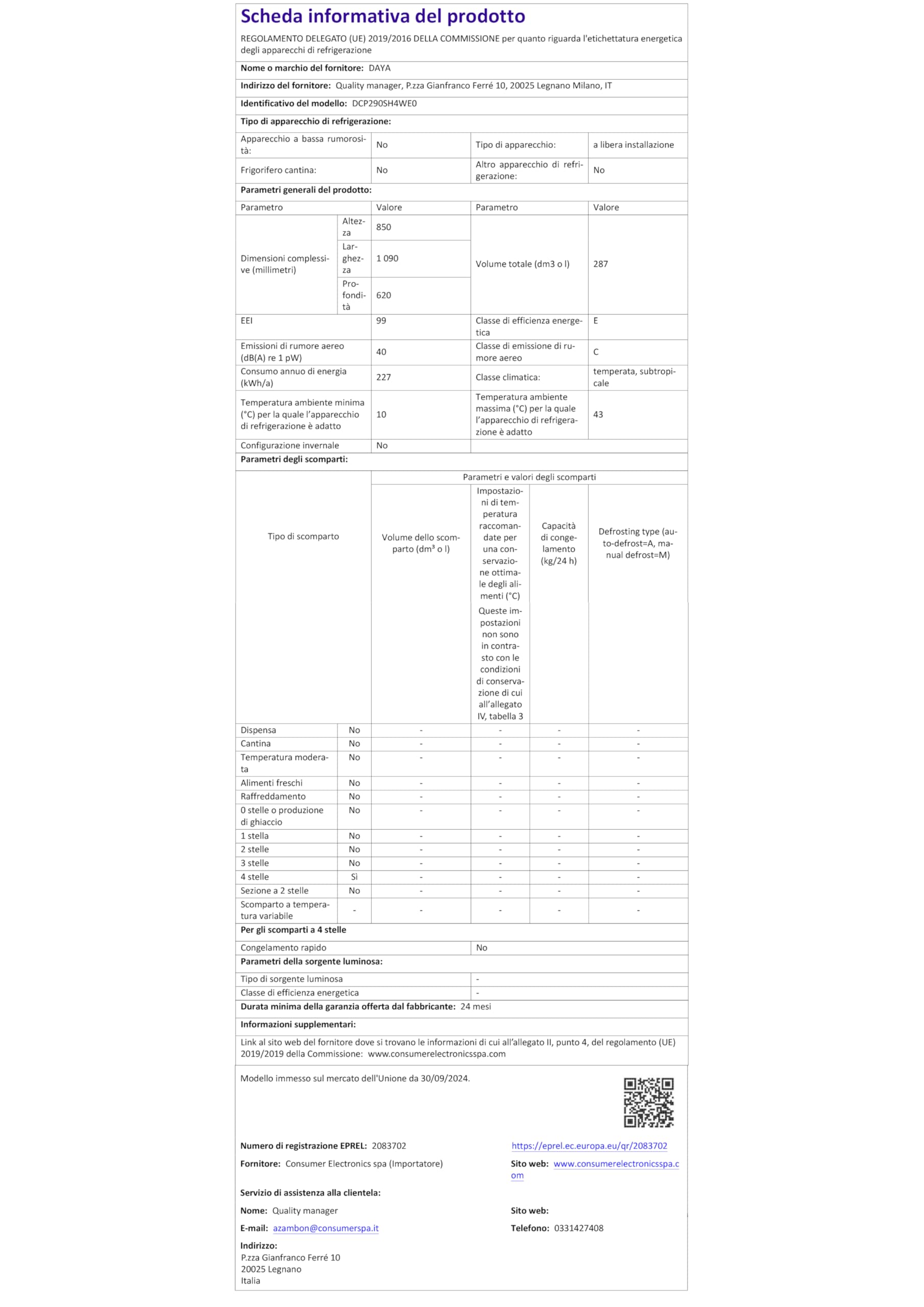 Daya congelatore orizzontale DCP290SH4WE0, 287 litri, classe E, super freezing, winter security, silenzioso 40 dB(A), autonomia senza corrente 28 ore