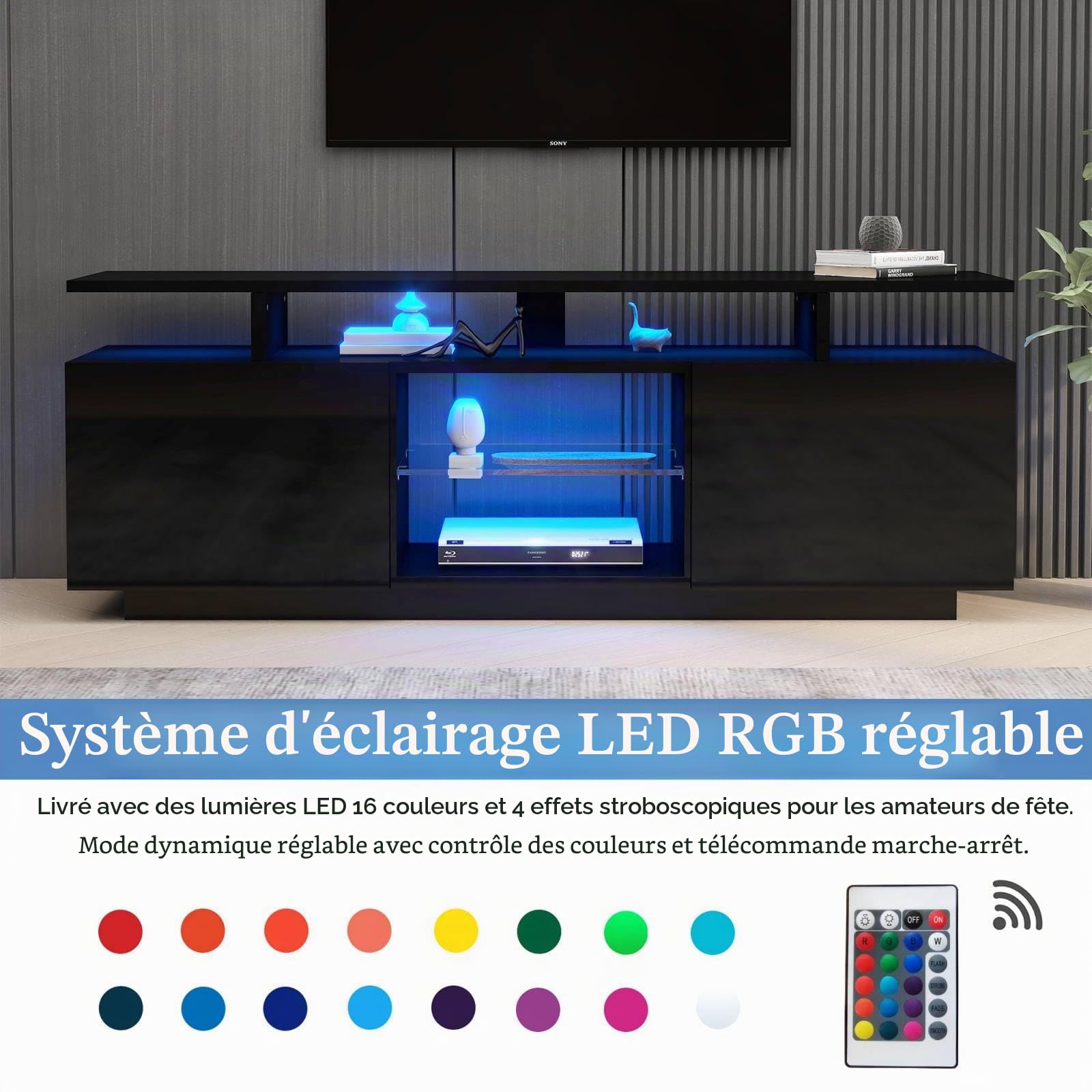 PUGSDRLY Meuble TV avec éclairage LED - Meuble TV Bas avec 5 Compartiments de Rangement Ouverts et 2 espaces de Rangement - Meuble de Rangement avec Compartiment en Verre pour TV de 60
