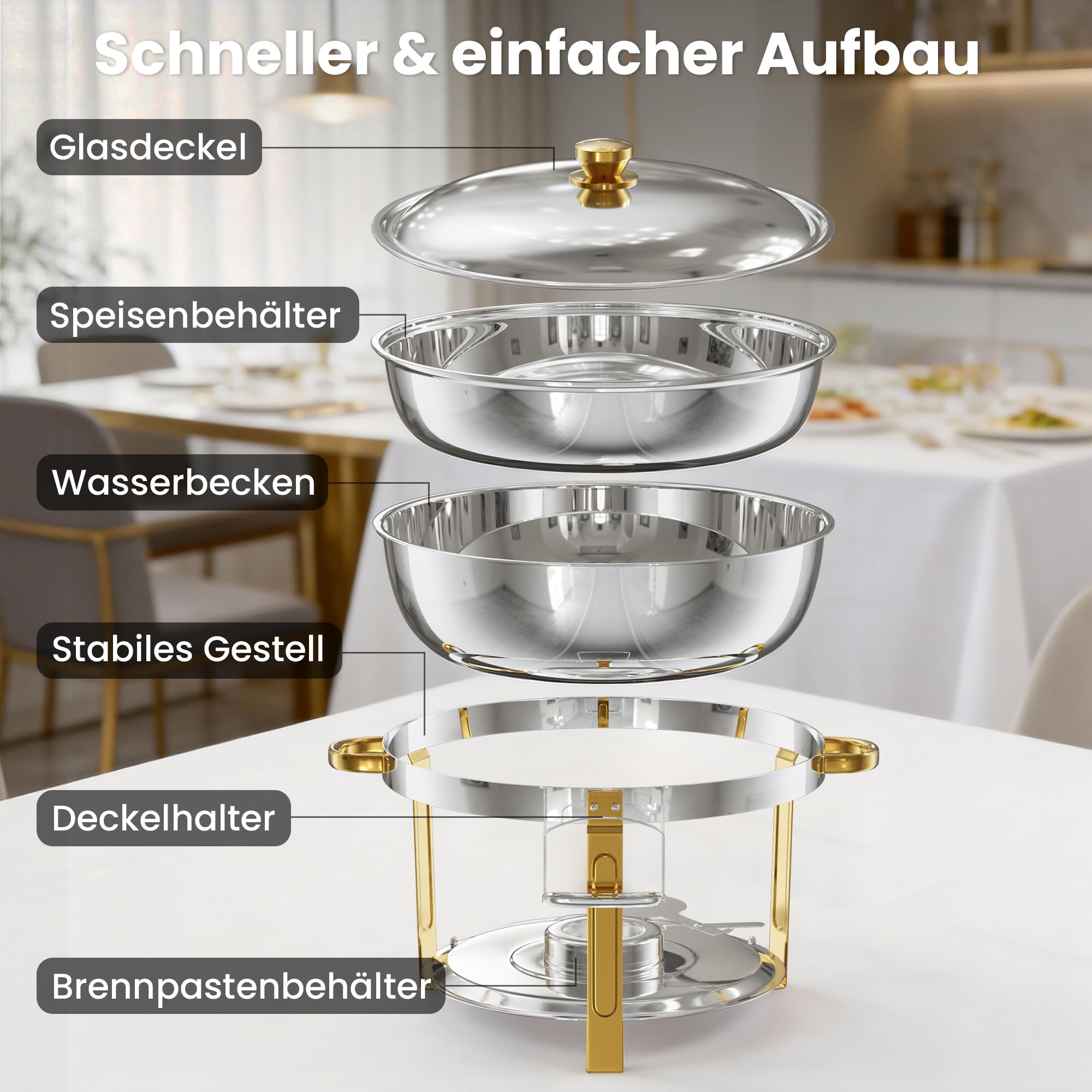 WARMOUNTS Chafing Dish 2er Set 8,5L Silber & Gold, Speisenwärmer Buffet Rund Edelstahl mit Gold-Akzenten & Deckelhalter, Warmhaltebehälter Stapelbar Catering Rechaud für Partys, Hochzeiten & Events