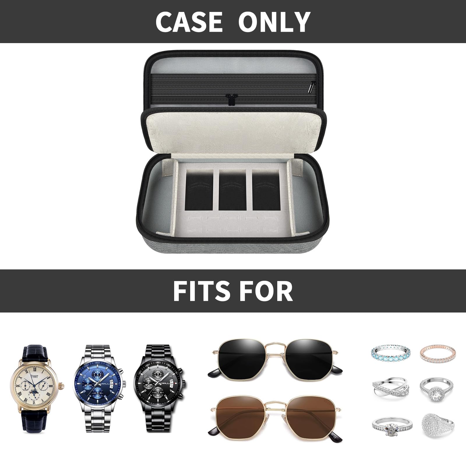 Joyero organizador de relojes para hombres y mujeres, cajas de exhibición de viaje con 3 compartimentos para relojes, 2 ranuras para gafas, 10 soportes para anillos, bolsa de malla para collares