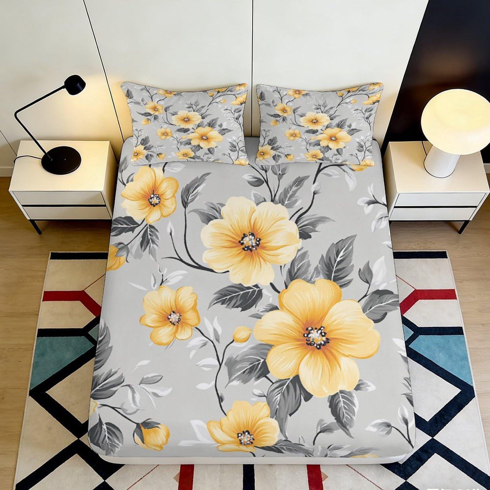 Uxinyoume Style-2 3D Printed Yellow Floral Fitted Sheet Microfiber Soft Breathable Grey Botanical Bed Cover For Bedroom Guest Room Easy Care 90X200x25cm