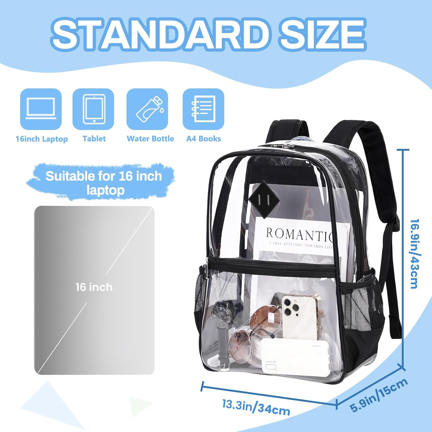 Clear Backpack Stadium Approved, Heavy Duty See Through Book Bag, Black Transparent - Image 9