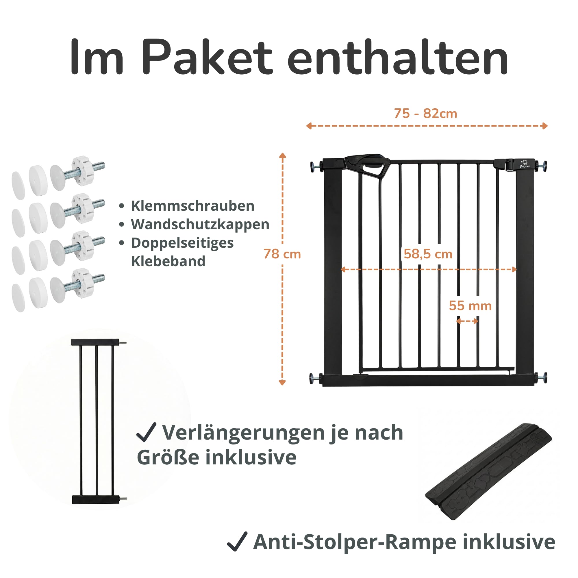 Babygitter Tür ohne Bohren – BALU Tür- & Treppenschutzgitter 152-159 cm, Auto-Close & Safety-Lock Rot/Grün, inkl. Anti-Stolper-Rampe, Türschutzgitter erweiterbar bis 166 cm