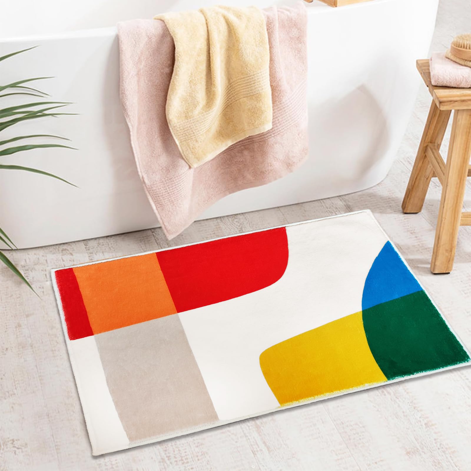 DVKKHD Modern Abstract Bathroom Rug Bright Color Block Washable Bath Mat for Kids Soft Small Bathroom Rug Non Slip Shower Rugs for Bathroom Tub Funny Room Carpet for Bedroom Indoor Door Mats 16”x24”