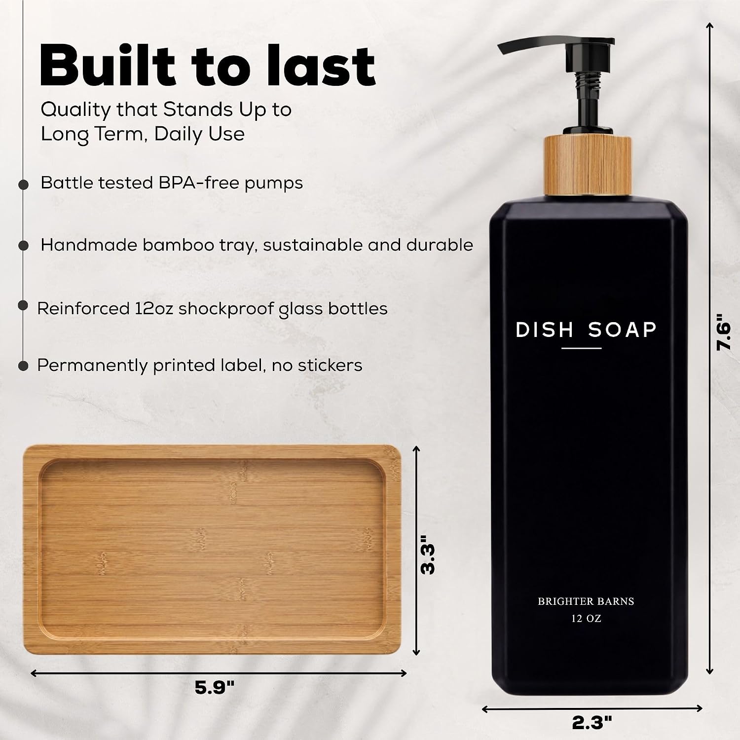 Black Glass Hand and Dish Soap Dispenser Set by Brighter Barns - 12oz Kitchen Soap Dispenser Set with Bamboo Tray and Pump - Boho Modern Home Decor for Kitchen Sink, Restaurant, Hotel, Gifts (Black) image 3