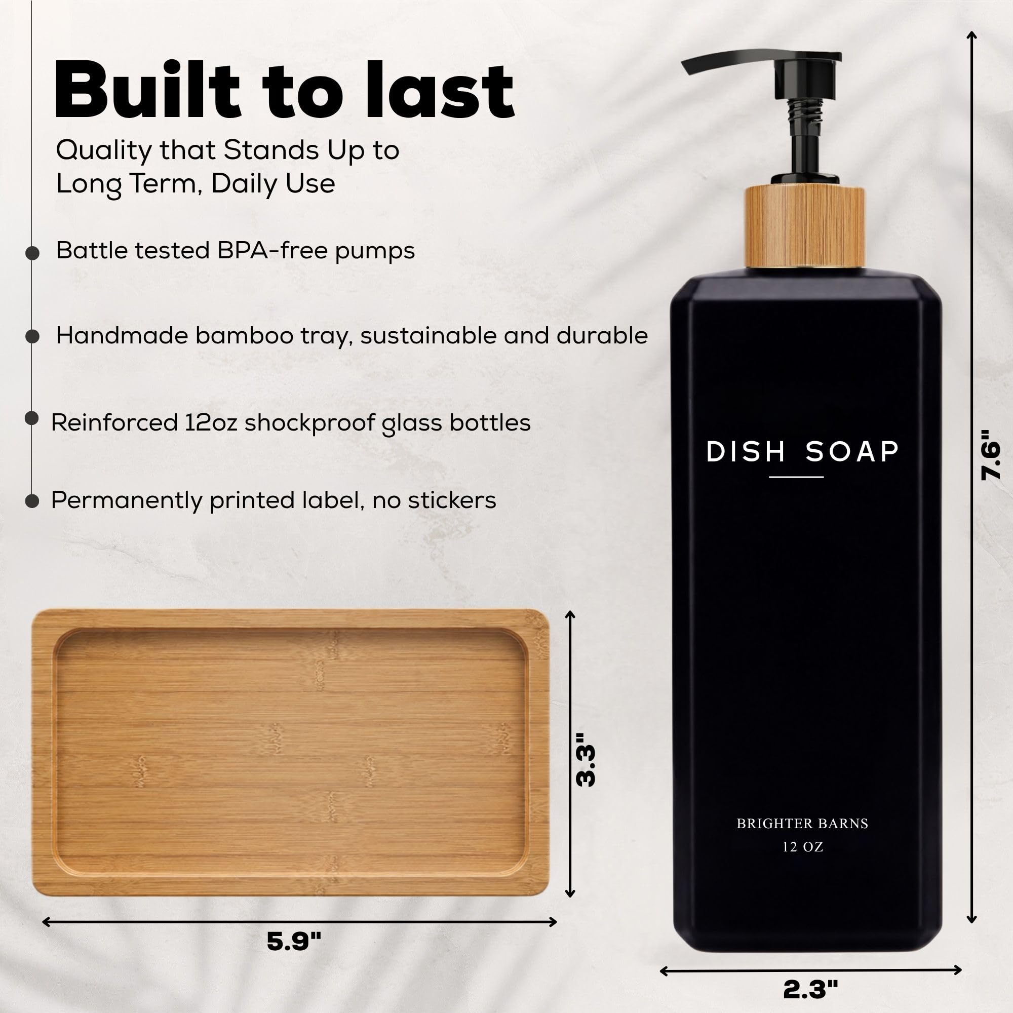 Brighter Barns Hand- und Spülseifenspender-Set aus schwarzem Glas, 340 ml, Küchenseifenspender-Set mit Bambus-Tablett und Pumpe, Boho-moderne Heimdekoration für Küchenspüle, Restaurant, Hotel