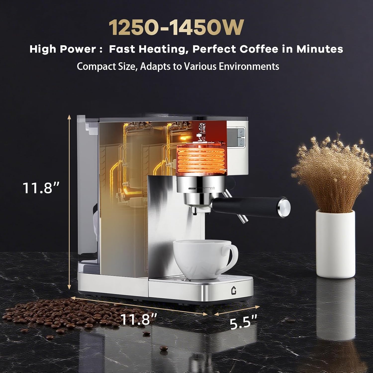Kaffeemaschine 20 Bar Siebträger Espressomaschine mit Milchaufschäumer Thermoblock Heißwasserfunktion Entkalkungsanzeige