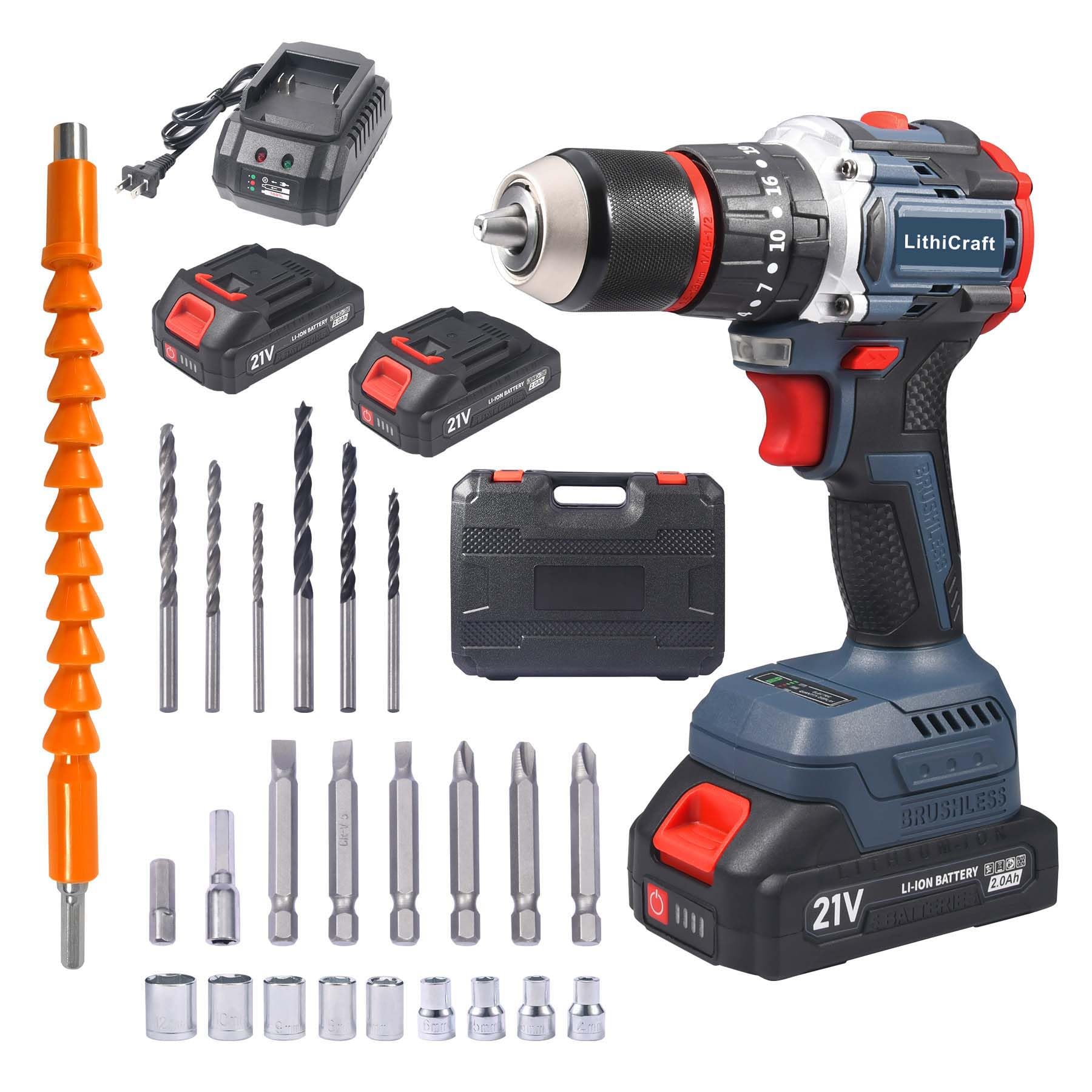 Battery Hammer Drill 21V Brushless Motor, 55Nm, Metal Chuck 13mm, 2 Batteries 2.0Ah, 35+3 Torque Settings, Includes Case & 24 Accessories