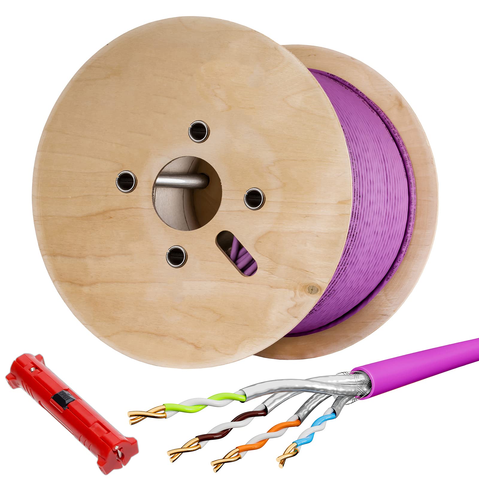 hb-digital 250m CAT.7a Câble réseau violet Câble d'installation Ethernet LAN AWG23 Cuivre pur S/FTP PiMF LSZH Sans halogène Conforme RoHS PoE 10Gbit/s max. 1200MHz + Pince à dénuder