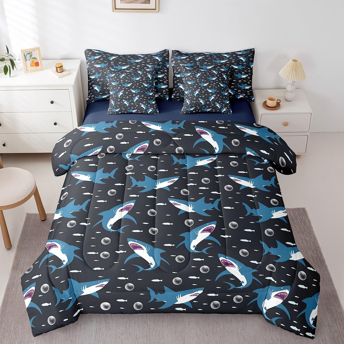 Feelyou Shark 7 Pieces Bedding Set Queen Size, Cute Shark Comforter Set with Sheets for Kids Boys Girls Cartoon Shark Bed in A Bag Shark Ocean Bed Set 7Pcs