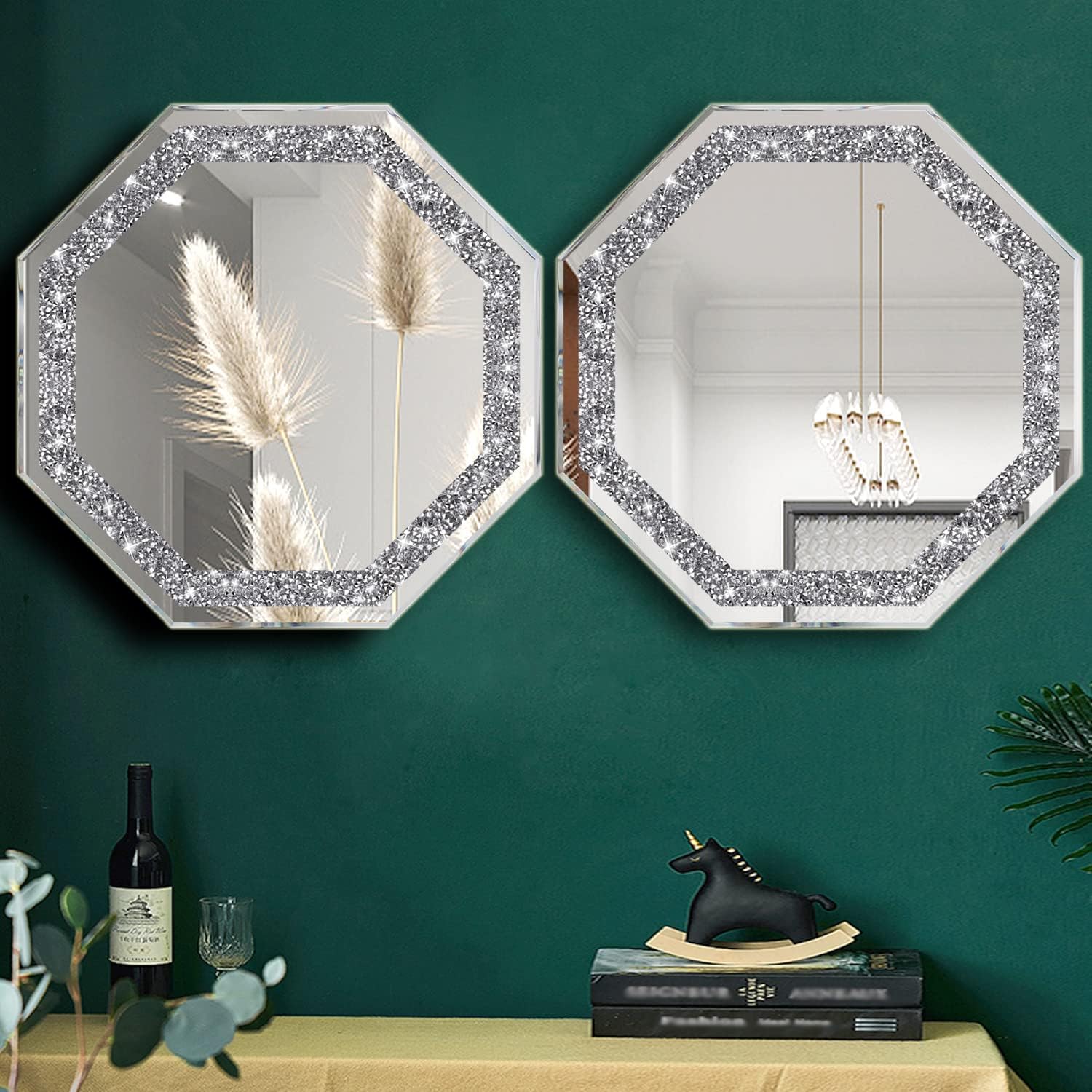 Wocred 2-Piece Octagonal Wall Mirrors，Crushed Diamond Glass Mirror，Refined Special-Shaped Bedroom Mirror, Shower Mirror.(12”x12”)