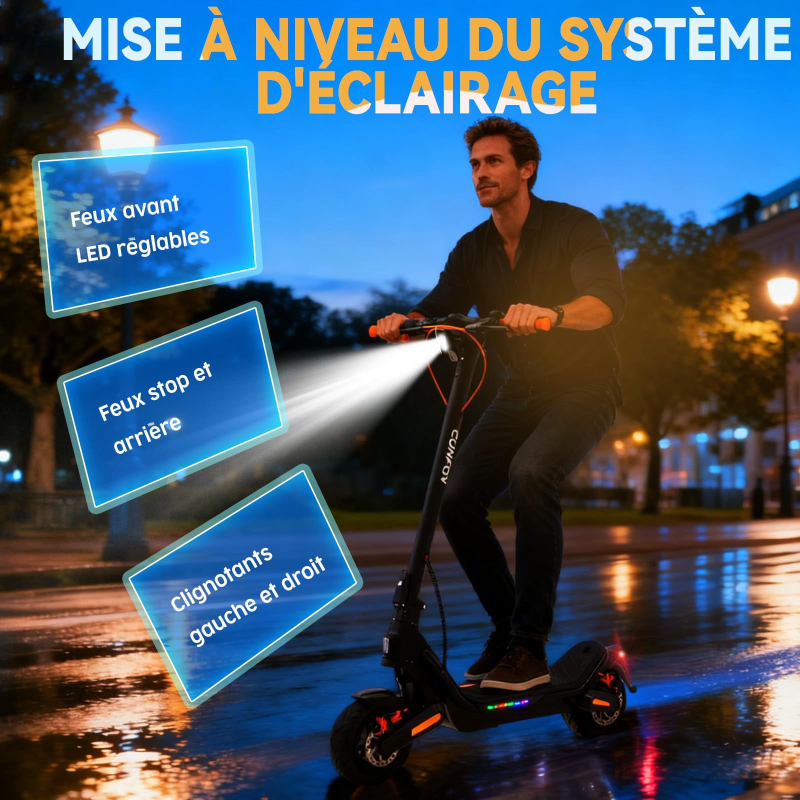 Trotinette Electrique Adulte RS500, Autonomie 55KM Batterie 36V 18Ah Moteur 1000W,Déverrouillage par Empreinte Digitale, Haut-Parleurs HD, Pneu Larges de 88 mm, Bandes Lumineuses colorées-Noir