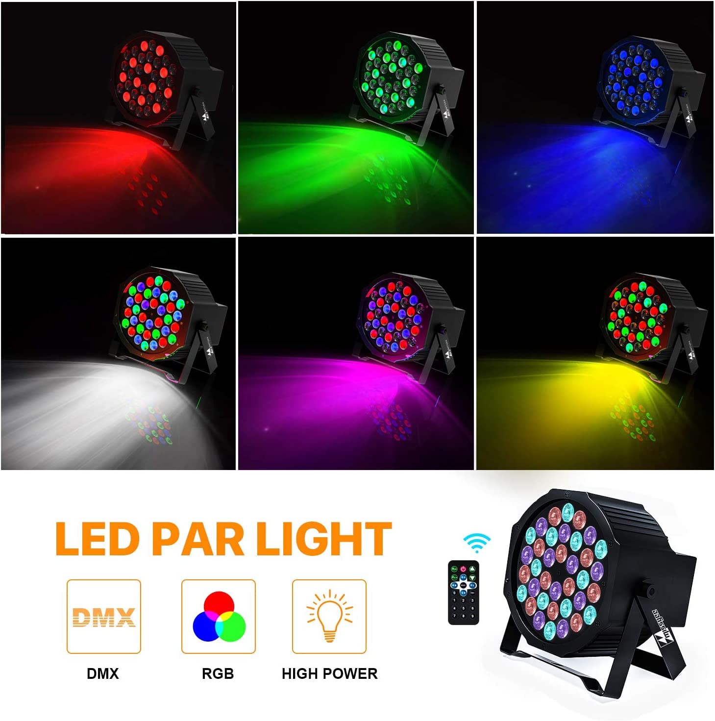 Missyee 36 RGB LED DJ Stage Uplight -DMX Control Sound Activated with Remote Control and 9 Modes LED for Wedding, Events, Christmas and Halloween Music Disco Party -R&D in USA-4 Pack