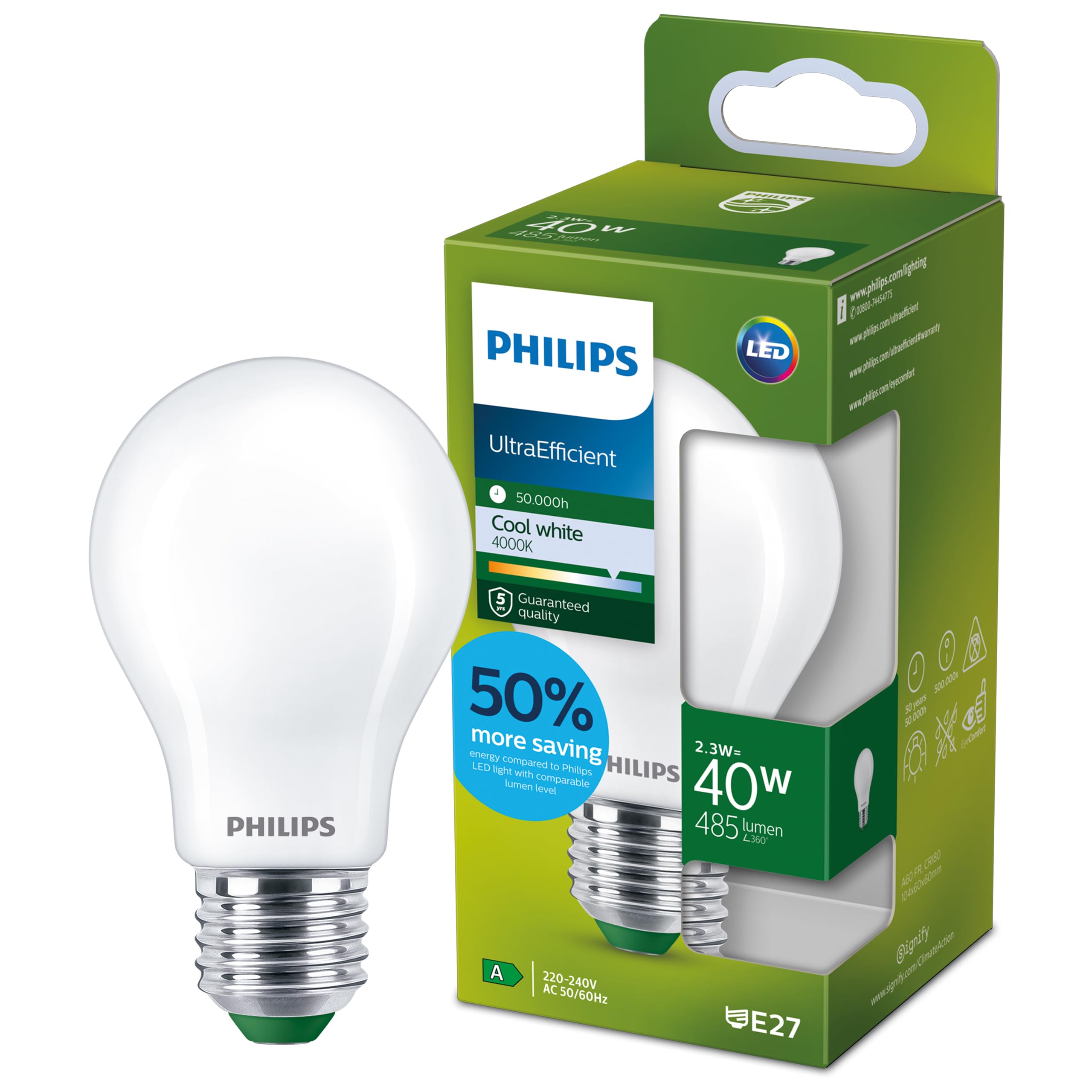Philips Cool White Ultra Efficient - Ultra Energy Saving Lights, E27 Led Light Source, 40W, A60, Pack Of 1, Frosted