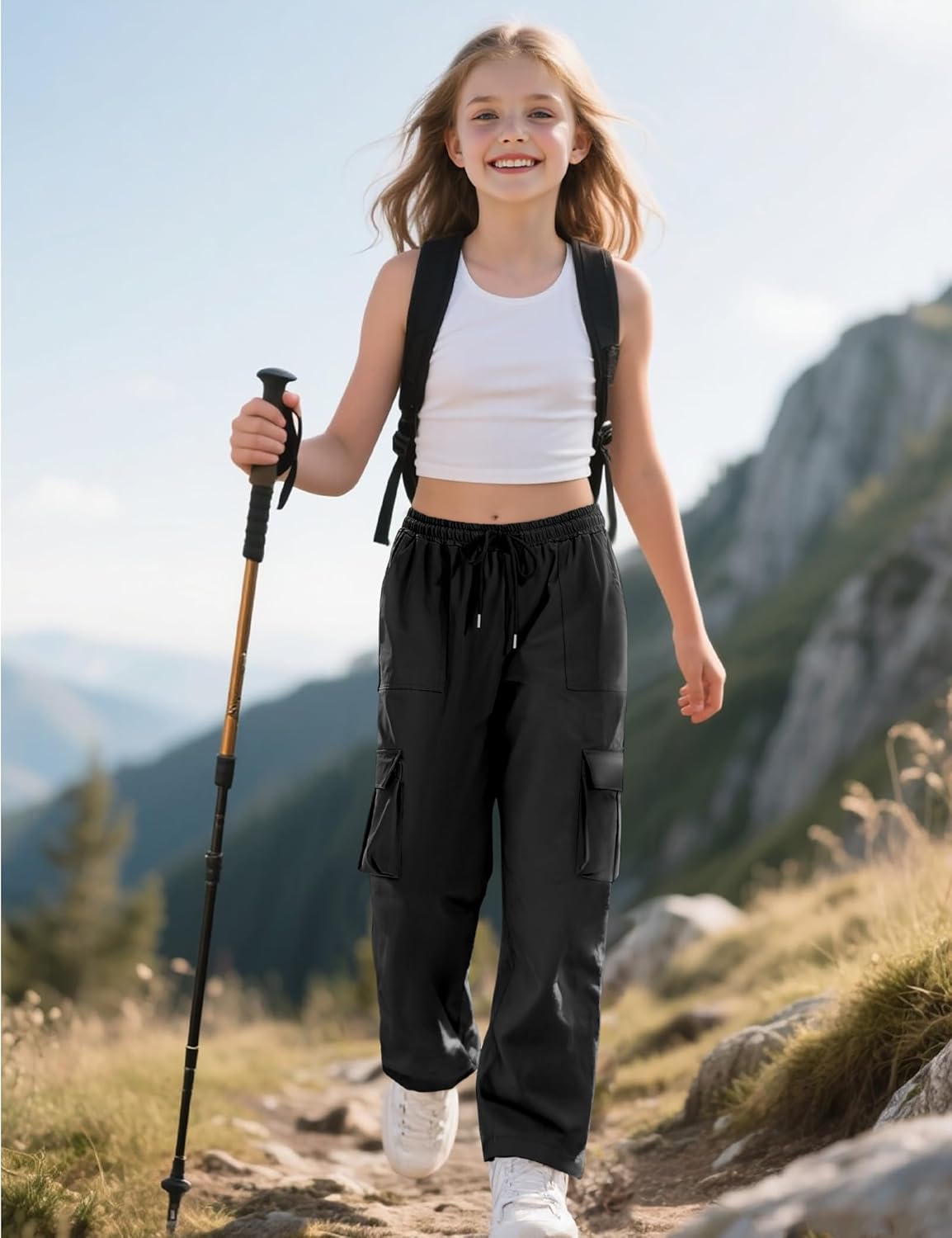 HASMES Girls Cargo Pants Kids Lightweight Hiking Pants Water Resistant Joggers with Pockets 7-15Y - Image 7