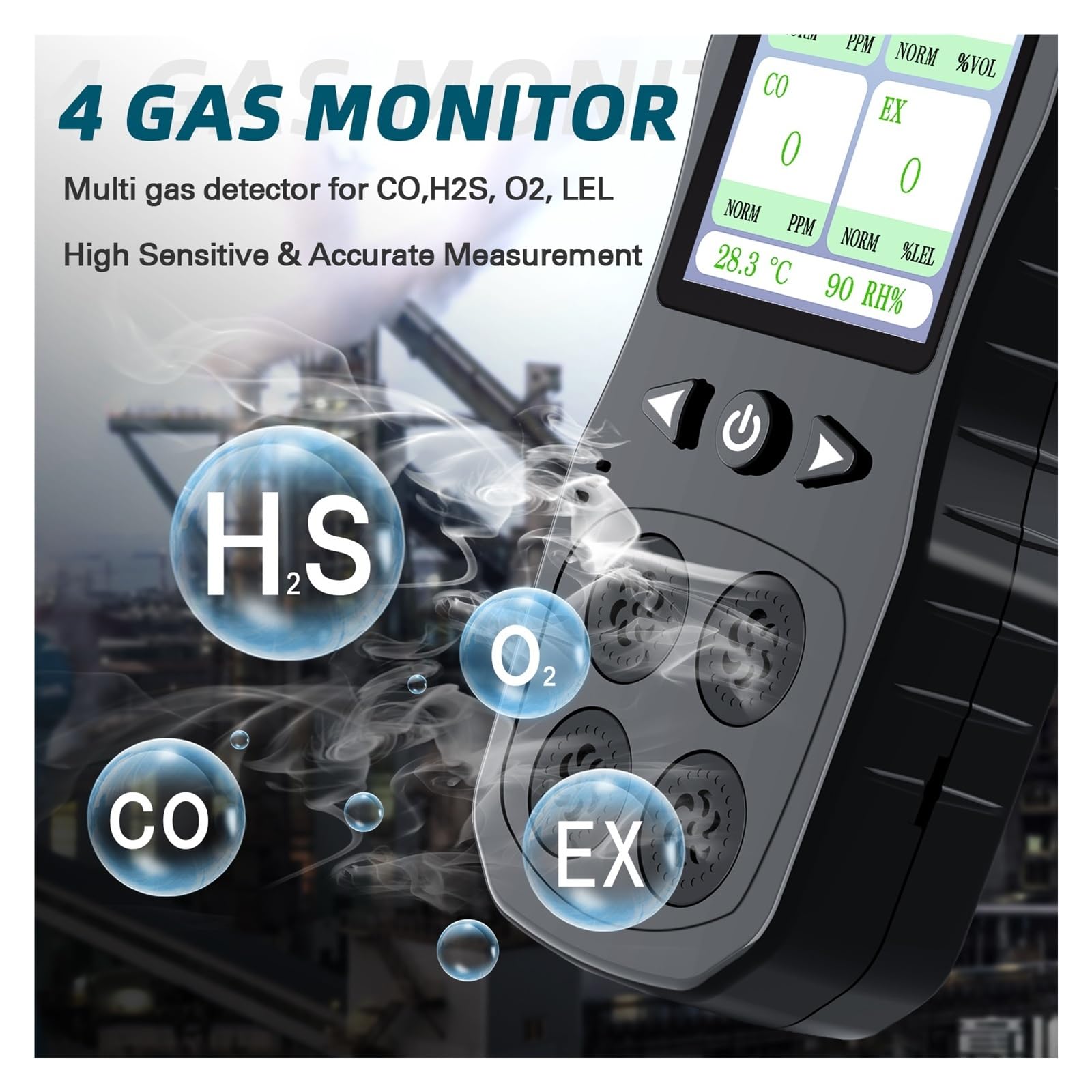 Détecteur Multi-gaz Portable 4 en 1 O2, CO, H2S, analyseur de testeur de gaz Combustible, avec Alarme sonore, Lumineuse et vibrante Temps de réponse Court