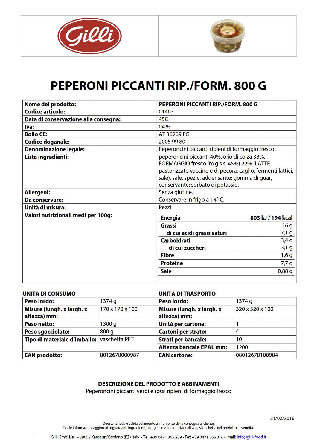 Pikante Paprika gefüllt mit Käse 800 gr. - Gilli