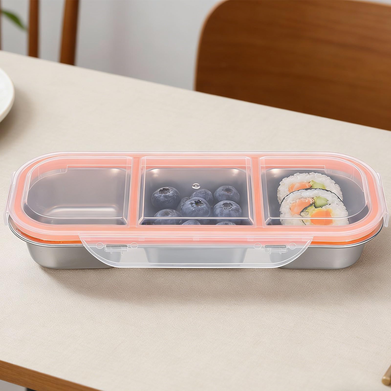 4 Stück-pack Edelstahl Snackbox mit 3 Fächern und 600ml Deckel | Luftdichter Verschluss, Rostbeständig und Leicht zu Reinigen, für Schule, Familie und Portionen