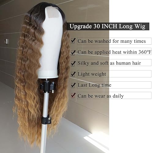 Miniatura 2 de Peluca rubia miel ombré de 30 pulgadas, pelucas de cabello sintético largo y rizado, pelucas pequeñas de encaje frontal para mujer, peluca suelta de