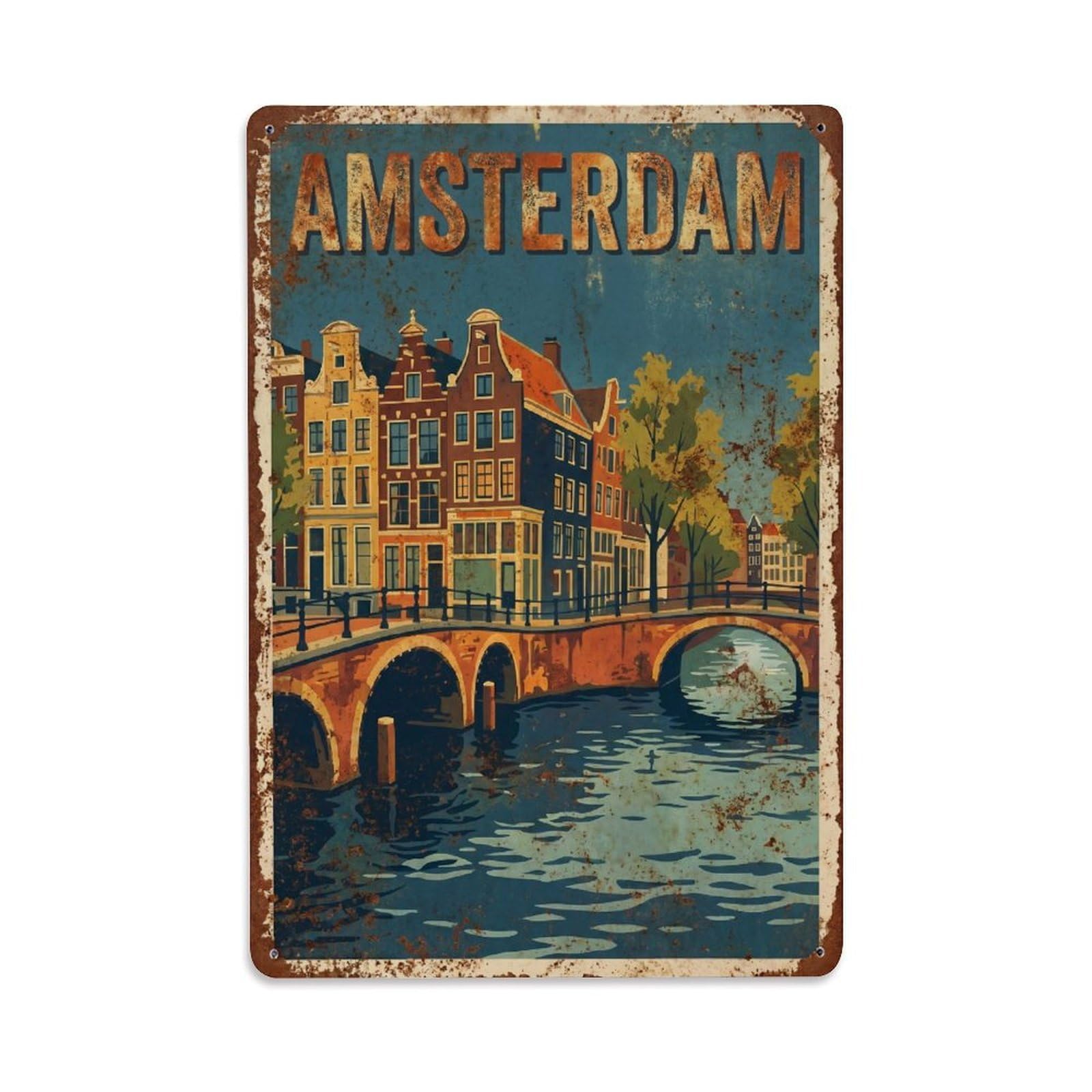 Okngb Style Amsterdam Canal Harbor Waterway Retro Tourism Quay Metal Tin Sign Plaque Wall Decor For Cafe, Man Cave, Club Bar, Office, Home Garden Round Metal Poster 8X12inch