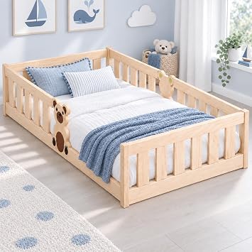 Montessori Toddler Floor Bed, 205x95cm Solid Pine Wood Kids Bed with 3-Side Safety Guardrails & Cute Bear Design, 100kg Load Capacity, Easy Assembly for Nursery & Kids Bedroom