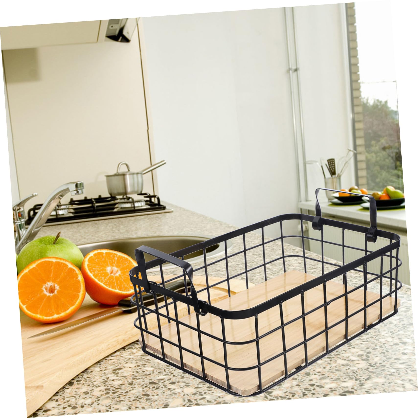 Cesta de Almacenamiento Metálica Pequeña con Asas Base de Madera Resistente y Apilable Organizador Multifuncional para Cocina y Baño Color Negro