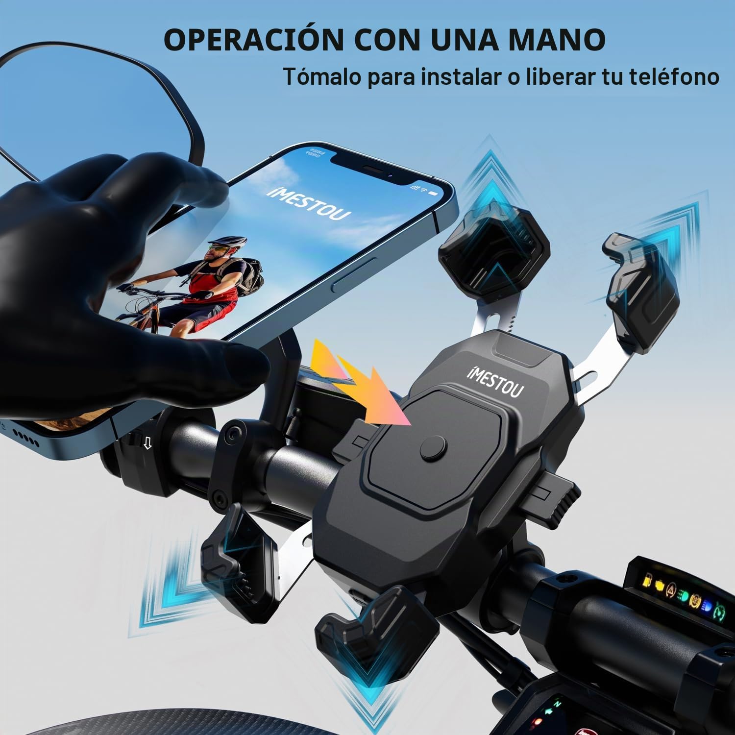 iMESTOU Cargador Inalámbrico USB C para Motocicleta con Cable de Anillo SAE-O Desmontable, se Adapta a Teléfonos de 5.5"-7.2" con Grosor de hasta 15 mm, Ancho <93 mm, Funciona con 12/24V Motocicleta