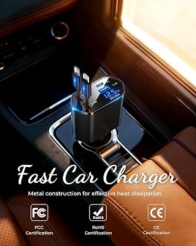 Retractable Car Charger, 4-in-1 Fast Charger with USB-C & USB-A