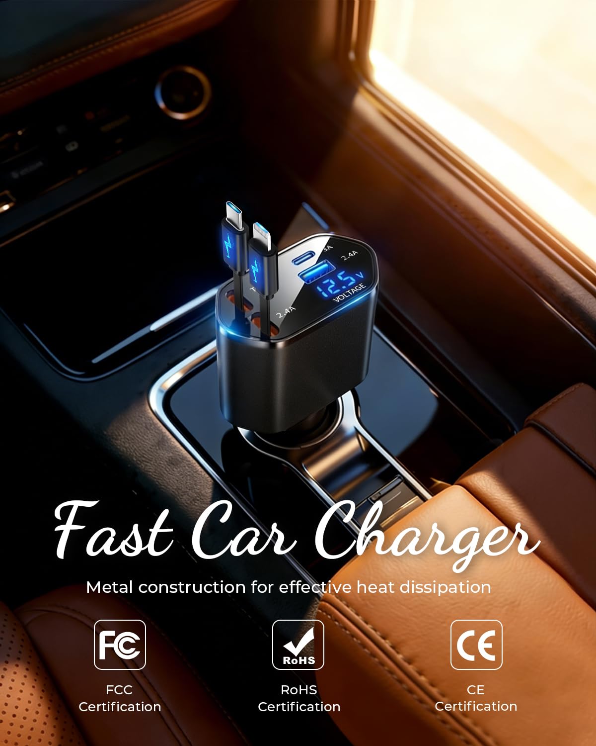 BERTHALESS Cargador retráctil de coche, cargador de coche de carga rápida 4 en 1 con USB-C y USB-A, compatible con iPhone 17/16/15/14/13/12/11, Galaxy, Pixel, accesorios de coche para hombres y