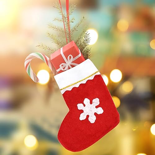 Miniatura 8 de Paquete de 20 medias de Navidad de fieltro rojo, mini medias de Navidad con copos de nieve, soportes de vajilla para chimenea, calcetines colgantes