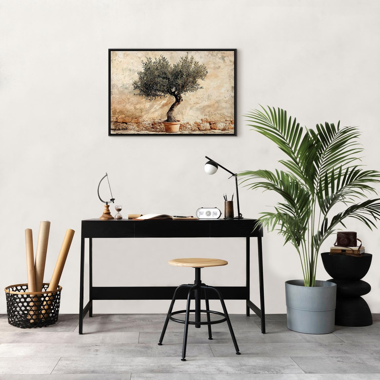murando - Tableau decoration murale 120x80 cm - Impression sur toile avec cadre – Art décoratif moderne maison salon chambre - Olivier sur un mur beige - Olivier sur un fond rustique b-H-10235-b-a