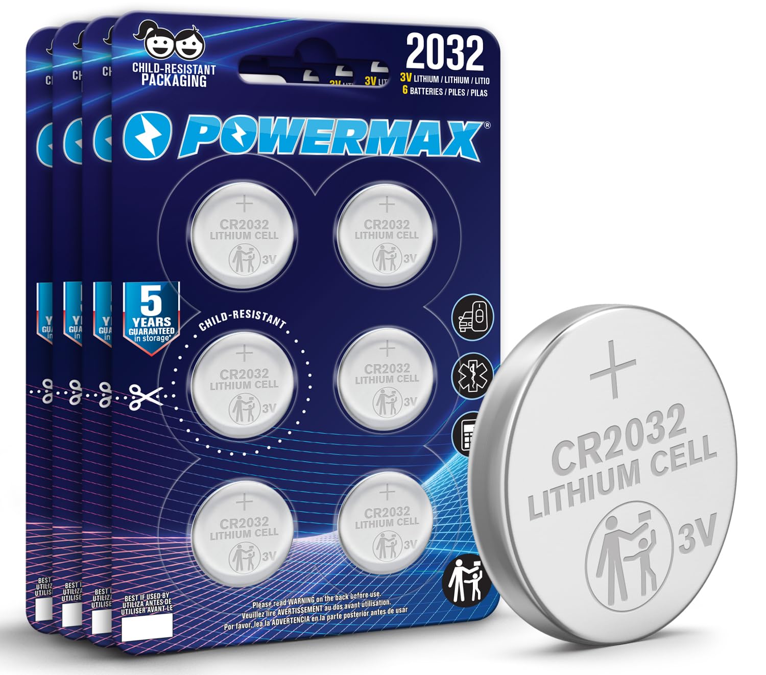 Powermax 24-Count CR2032 Batteries, Lithium 3V Coin Cell Button Battery Pack for Watch and Small Electronics, 5 Year Shelf Life