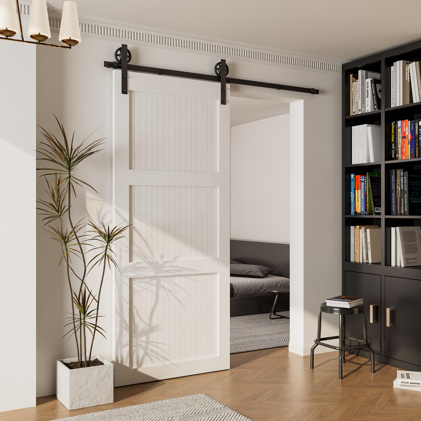 Herrajes Puertas Correderas 153cm Rieles Kit Puerta Corredera Negro para 1 Puerta Corredera Madera 76cm Ancho, Central Rueda I-forma