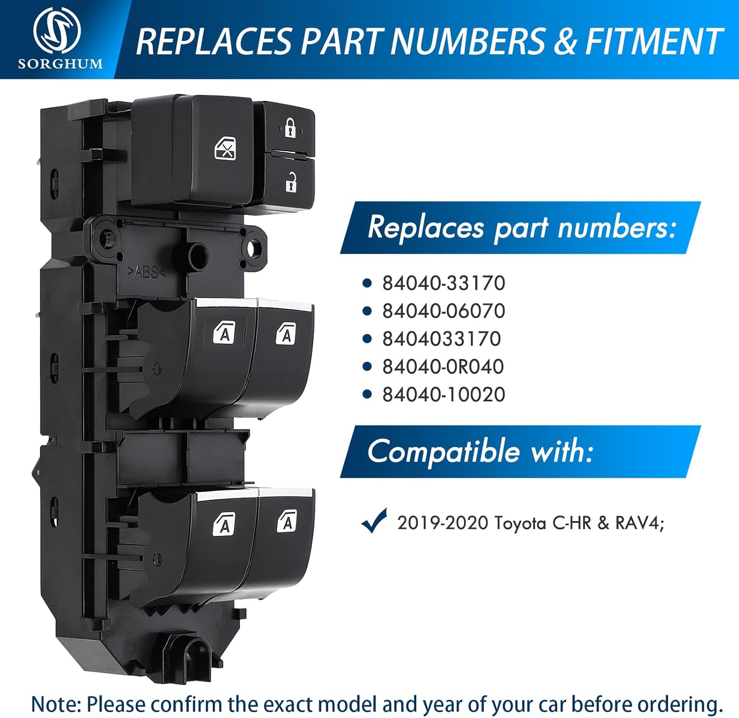 Sorghum Power Window Switch Driver Side - Master Window Switch Compatible with 2019-2020 Toyota C-HR RAV4 20 Pins Replace# 84040-33170 84040-06070 8404033170 84040-0R040 84040-10020