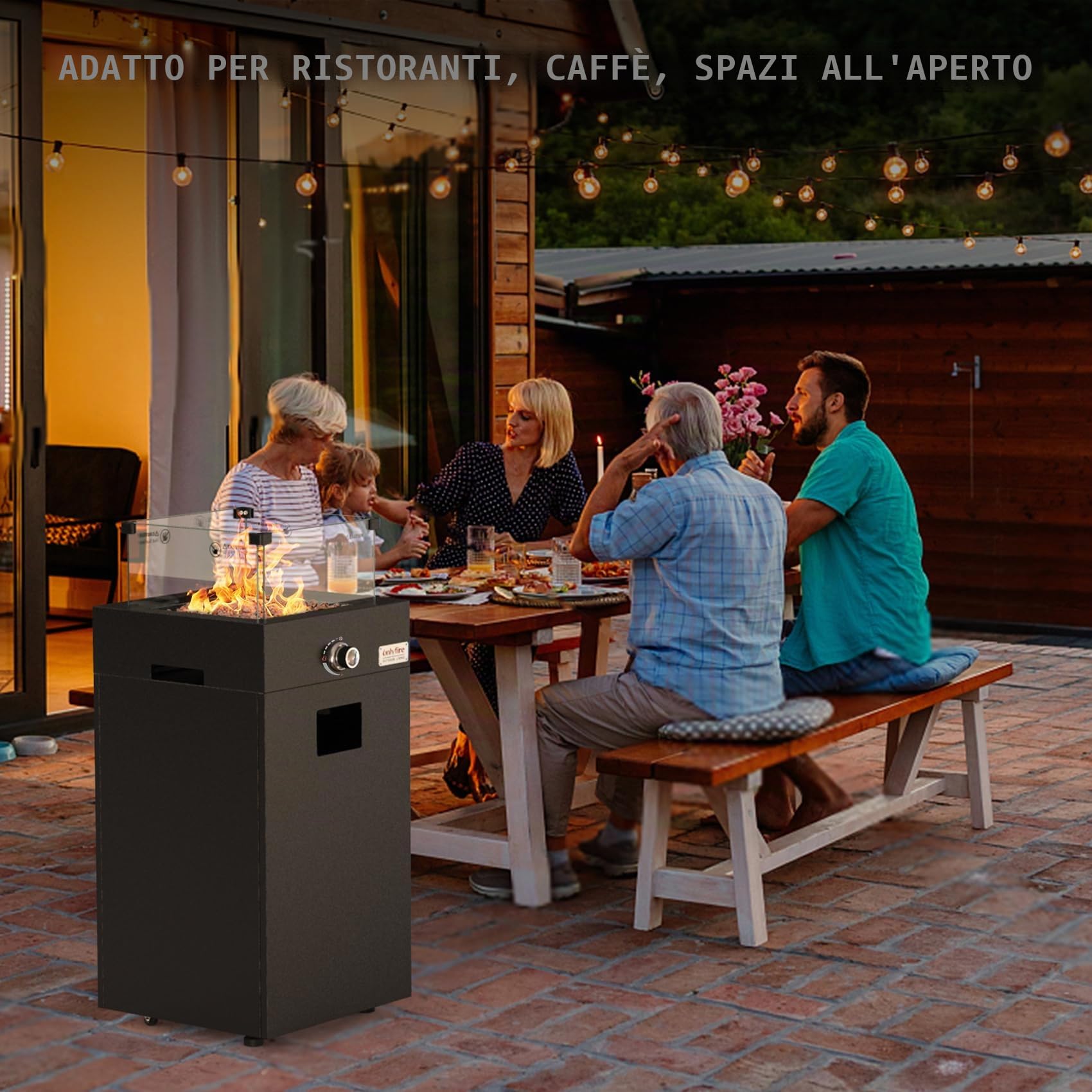Onlyfire 23000BTU - Braciere a gas per esterni, con protezione dal vento, ruote e pietre laviche, camino da terrazza con accensione elettronica, per giardino e balcone